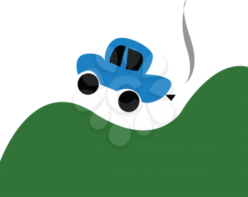 A blue car jumping on green hills vector color drawing or illustration
