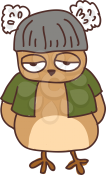 A sleepy owl wearing a green coat with his hands behind his back vector color drawing or illustration