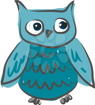 A blue owl with big blue eyes curiously looking towards his left vector color drawing or illustration 