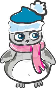 A gray owl with big stomach wearing a pink scarf and a blue stocking cap vector color drawing or illustration