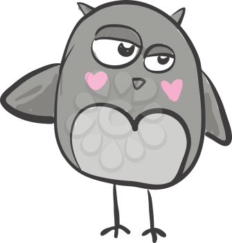 A funny looking gray owl with two pink hearts drawn below its eyes vector color drawing or illustration