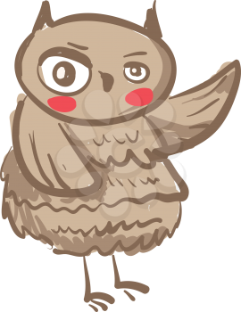 An image of an owl with uneven size of eyes waving his left hand vector color drawing or illustration