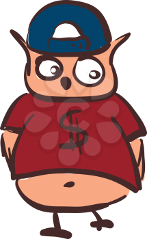A cartoon of cream colored owl wearing a blue cap and a red Tshirt with $ written on it vector color drawing or illustration