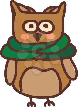 A large owl whose neck is covered with green scarf vector color drawing or illustration