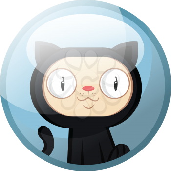 Cartoon character of a black cat with white face smiling vector illustration in light blue circle on white background.