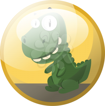 Cartoon character of a green dinosaur smiling vector illustration in yellow circle on white background.