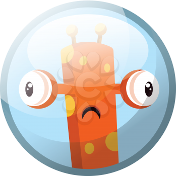 Cartoon character of a orange monster with yellow dots and eyes standing out looking suprised vector illustration in light blue circle on white background.