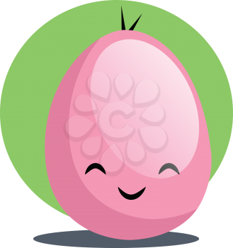 Pink Easter egg smiling in front of a green circle illustration web vector on a white background