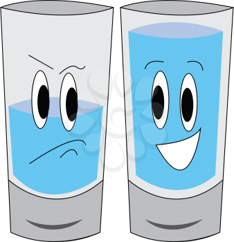 Vector illustration of a sad half-full glass of water and a happy full glass of water white background 