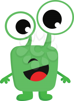 Smiling green monster with big eyes vector illustration on white background 