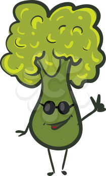 Happy green broccoli with sunglasses vector illustration on white background 