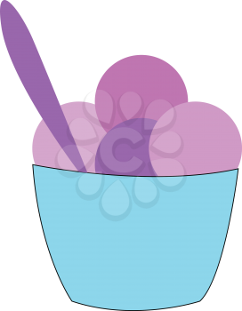 Purple and violet ice cream in a light blue cup with a purple spoon vector illustration on white background 