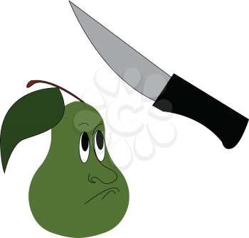 Green unhappy pear looking at a knife  vector illustration on white background 
