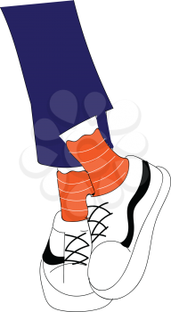Legs in blue jeanse orange socks and white sneakers  vector illustration on white background 