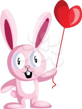 Pink bunny holding a heart shaped balloon vector illustration on white background.