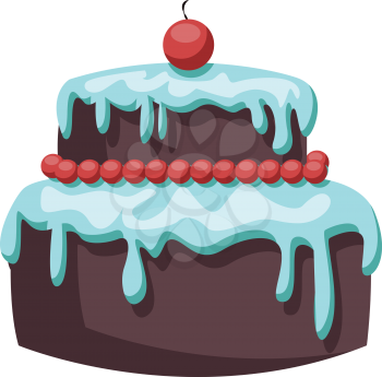 Brown cake with light blue icing and red cherry vector illustration on white background.