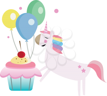 A fantasy themed birthday party with balloons cupcake and a pretty unicorn vector color drawing or illustration 