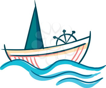 A sailing boat on the water with blue sail with ship wheel vector color drawing or illustration 