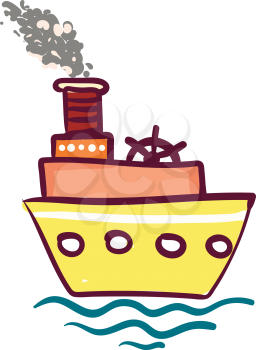 Yellow triple layered steam ship with wheel vector color drawing or illustration 