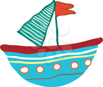 Small blue floating vessel with red flag vector color drawing or illustration 
