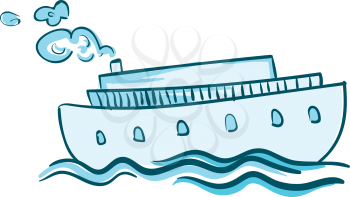 A blue steam ship is sailing in the blue water vector color drawing or illustration 