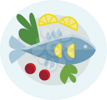 A food platter with whole fish and side of green and vegetables vector color drawing or illustration 