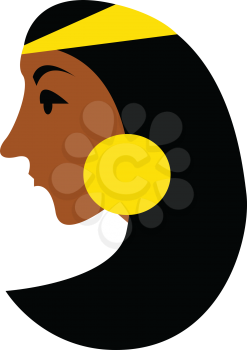 A long black hair lady with golden earring and head ornament vector color drawing or illustration 