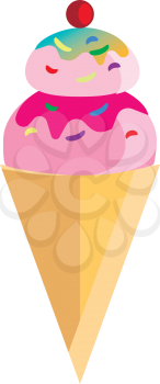 Soft serve ice cream cone sprinklers and cherry on the top vector color drawing or illustration 