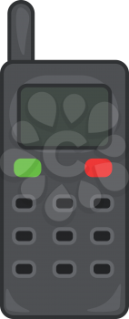 A old styled cellphone with black antenna and on off button vector color drawing or illustration 
