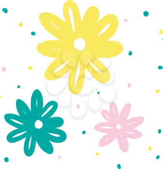 A doodle of green yellow and pink daisy flowers having oval shaped petals vector color drawing or illustration