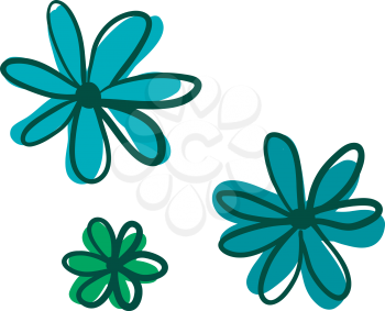 A cartoon including three simple flowers drawn in green and blue color vector color drawing or illustration