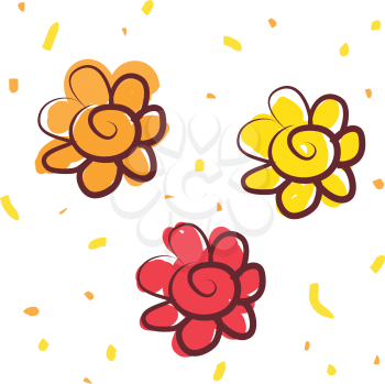 An image of three seven petalled flowers of red yellow and orange color vector color drawing or illustration