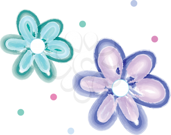 Two five petalled flowers which is blue and green colored vector color drawing or illustration