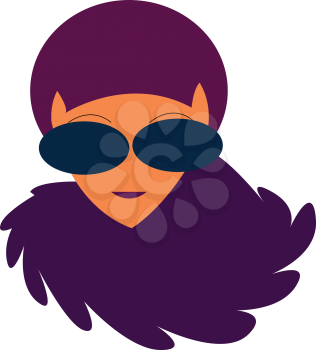 A purple haired lady wearing unusual navy blue sunglasses