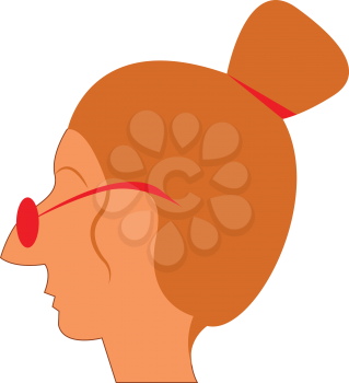 A lady with long pointed nose with her spectacles resting on it and hair tied up in a high bun 