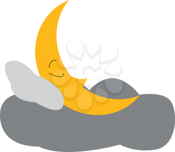 A cartoon of a crescent moon sleeping on a gray cloud vector color drawing or illustration