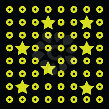 A yellow circles and stars drawn on a black square vector color drawing or illustration