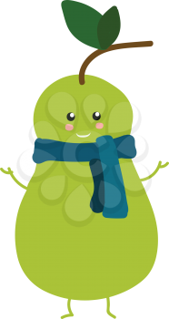 A cartoon of a pear with two hands and legs smilling and wearing a blue scarf vector color drawing or illustration