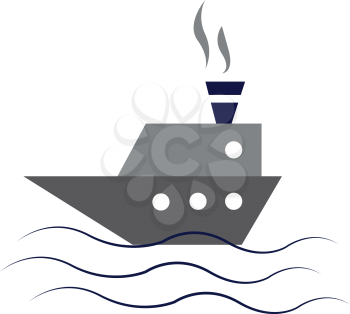 An image in which smoke is coming out of the chimney of a big gray ship sailing in water vector color drawing or illustration
