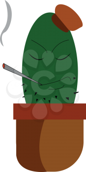 A cartoon of a cactus planted in a pot wearing a hat and smoking vector color drawing or illustration