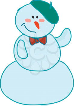 A snowman wearing a green beret and a red bowtie vector color drawing or illustration