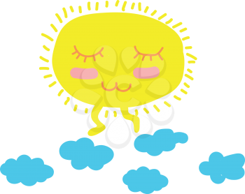 A cartoon of a peaceful looking sun walking above clouds vector color drawing or illustration