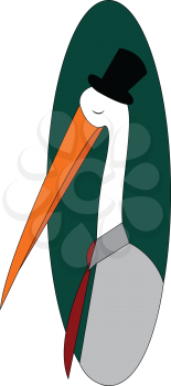 Cartoon of a stork with a black highhat and red tie vector illustration in green eclips  on white background