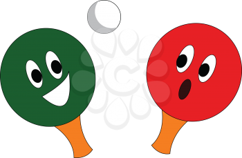 A red and a green table tennis rackets  and a white ping pong ball vector illustration on white background