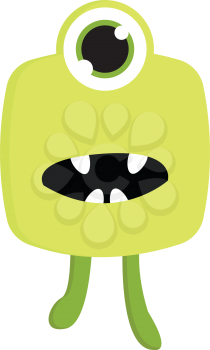 Yellow and green monster with one eye and open mouth illustration print vector on white background