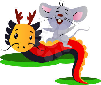 Cartoon chinese mouse and dragon vector illustartion on white background
