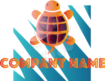 Orange and purple turtle in front of blue and white square vector logo design on a white background