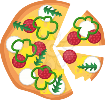 Pizza with pepperoni veggies and a lot of cheese illustration vector on white background