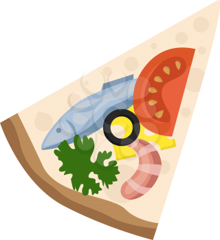 Slice of pizza with seafood and veggies illustration vector on white background