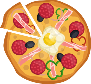Salami and egg pizza illustration vector on white background